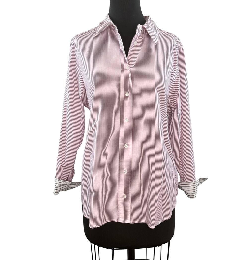 Monoprix Pink White Shirt Striped Collared Curved Hem Classic Button-Up Size 42